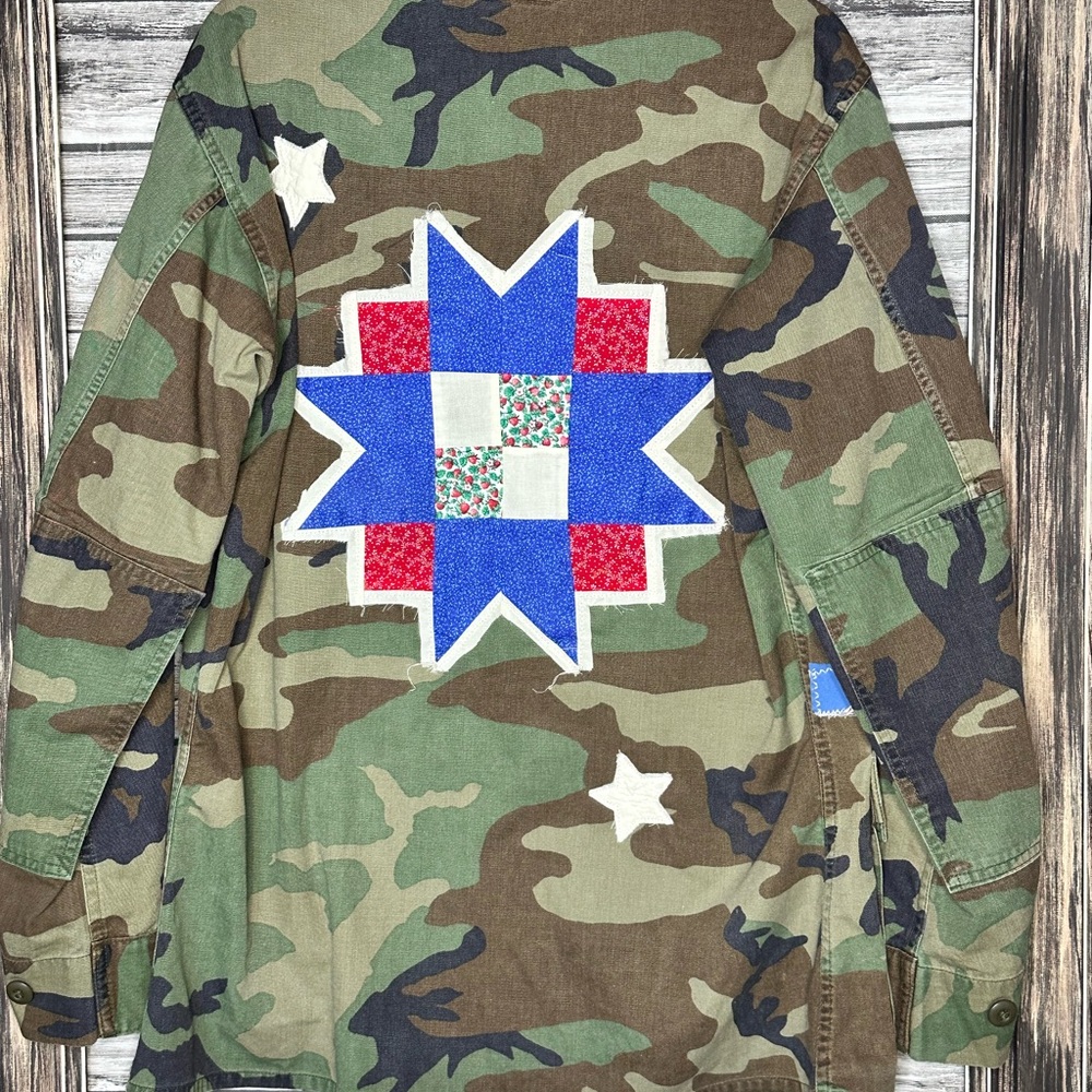 Vintage Authentic UpCycled Recycled Camouflage Military Jacket Coat with Boho